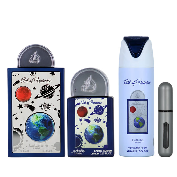 Lattafa Set Art Of Universe 3.4 Oz + 6.7 Oz Body Spray + 0.65 Oz Travel Edp Unisex