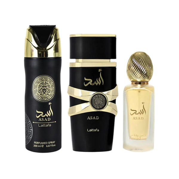 Lattafa Set Asad 3 Pcs Gift With 3.4 Oz Edp + 6.7 Oz Deo + 1.7 Oz Hairmist Men