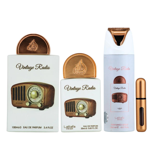 Lattafa Set Vintage Radio 3 Pcs Gift Set With 3.4 Oz Edp + 0.70 Oz Edp + 6.7 Oz Perfumed Men