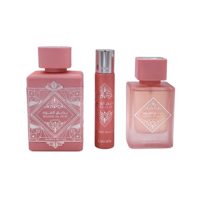Lattafa Set Badee Al Oud Noble Blush  3 Pcs 3.4 Oz Edp + 12Ml Travel Spray + 50Ml Hairmist Women