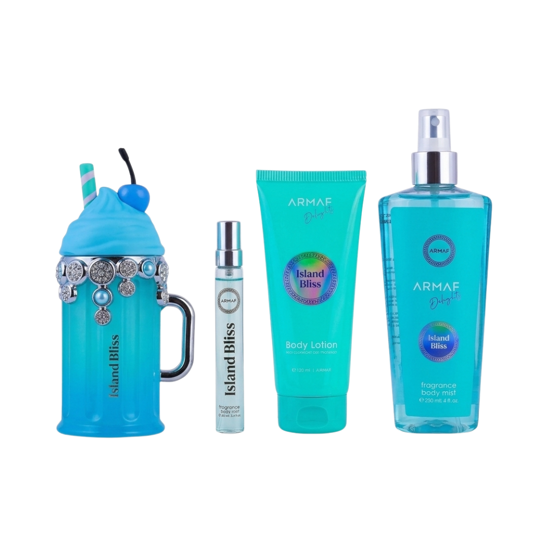 Armaf Set Delights Island Bliss 3.4 Oz Edp + 10 Ml Travel Spray + 3.4 Oz Body Lotion + 8.4 Oz Body Mist Women